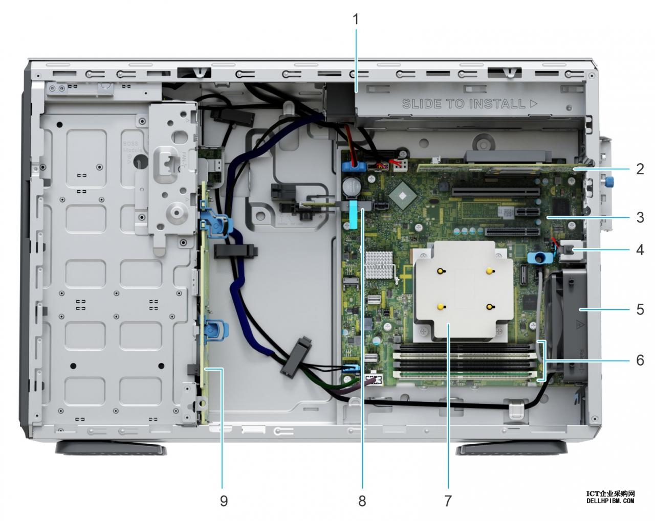 此图显示带有线 PSU 的系统内部视图。