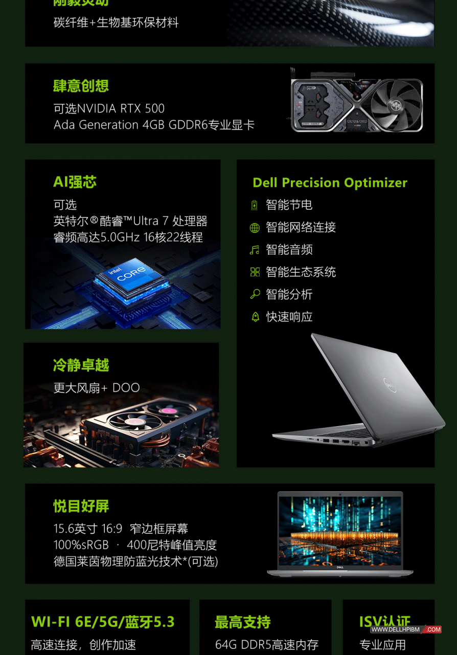 戴尔Dell Precision 3590移动工作站(英特尔酷睿 Ultra 7-155H 十六核心|64GB内存|2*1TB PCIe固态硬盘|500Ada-4GB显卡|15.6英寸|三年保修)